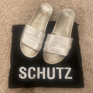 Schutz Silver Metalic Slides Size 5.5
